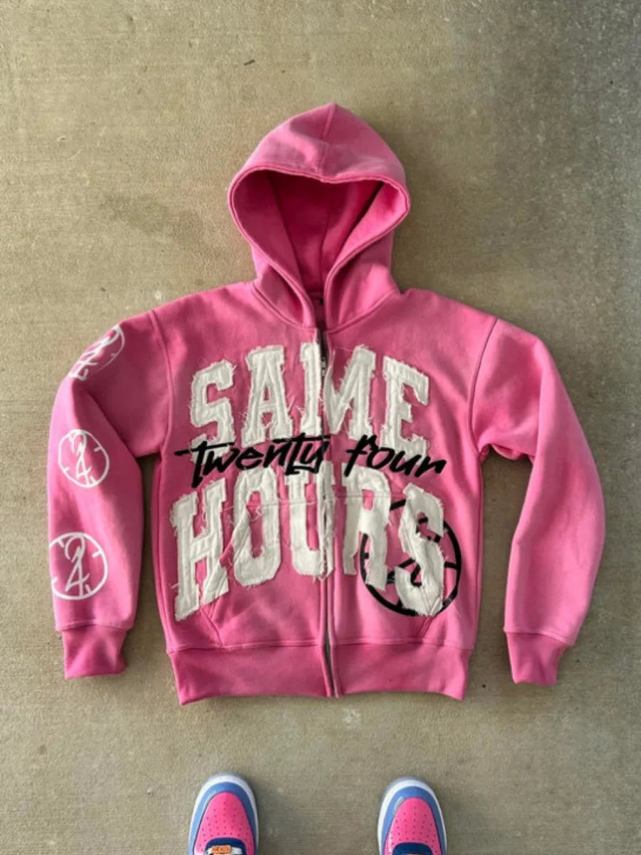 Men's Letter Zipper Embroidery Hoodie Street “Same Hours”Hip-hop Style Vintage Aesthetic Sweatshirt
