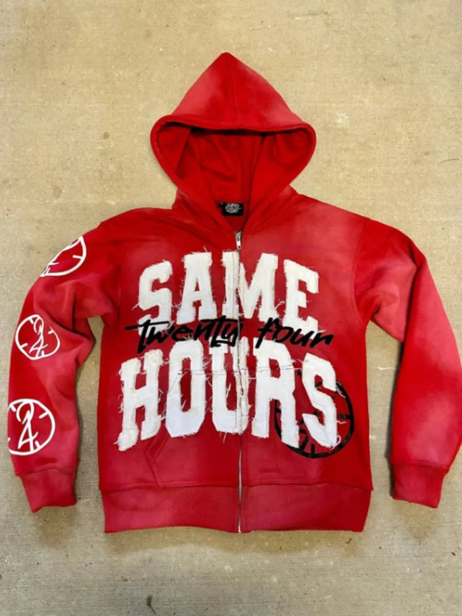 Men's Letter Zipper Embroidery Hoodie Street “Same Hours”Hip-hop Style Vintage Aesthetic Sweatshirt