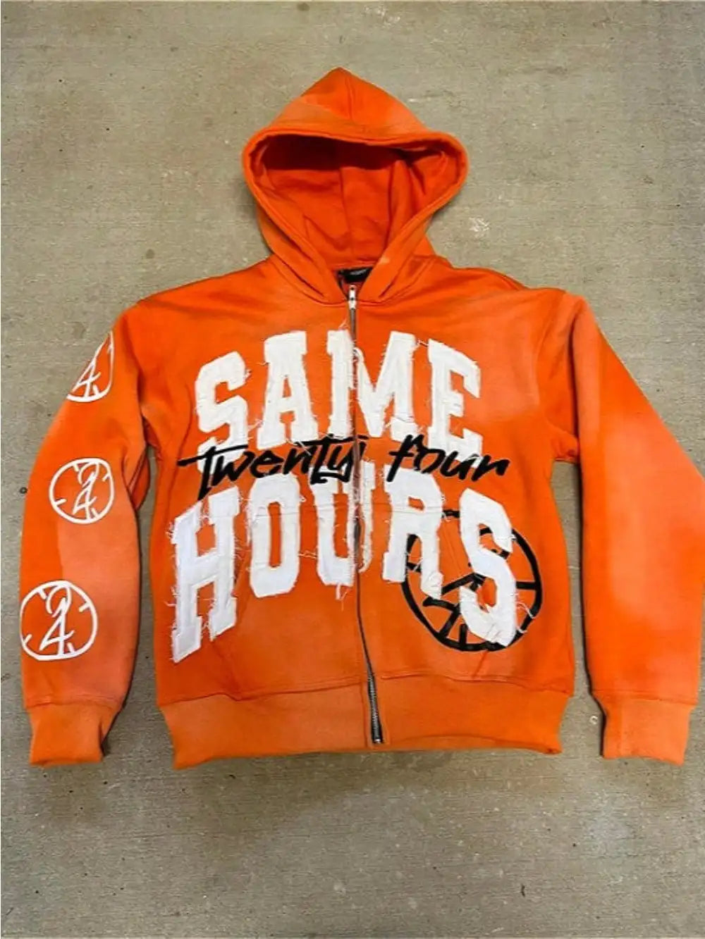 Men's Letter Zipper Embroidery Hoodie Street “Same Hours”Hip-hop Style Vintage Aesthetic Sweatshirt