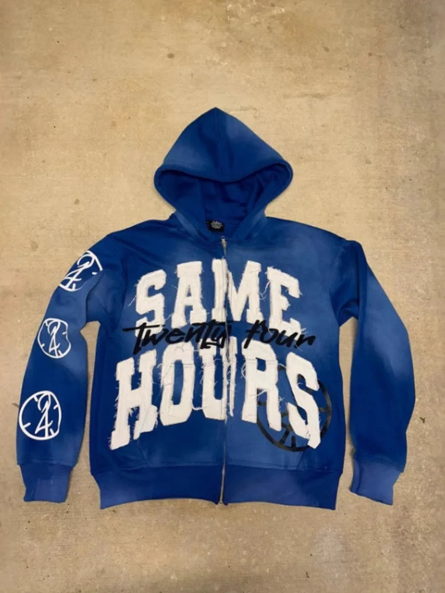 Men's Letter Zipper Embroidery Hoodie Street “Same Hours”Hip-hop Style Vintage Aesthetic Sweatshirt