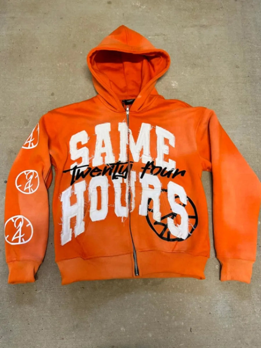 Men's Letter Zipper Embroidery Hoodie Street “Same Hours”Hip-hop Style Vintage Aesthetic Sweatshirt