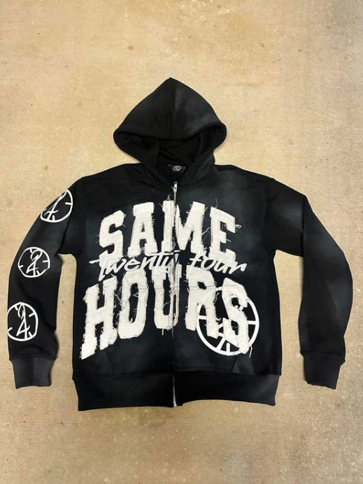 Men's Letter Zipper Embroidery Hoodie Street “Same Hours”Hip-hop Style Vintage Aesthetic Sweatshirt